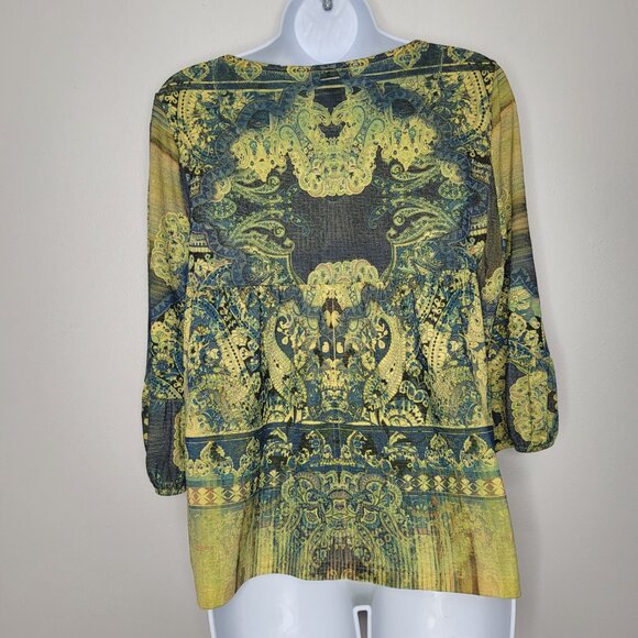 Live and Let Live yellow blue grunge boho art to wear 3/4 sleeve top size large - Picture 2 of 7